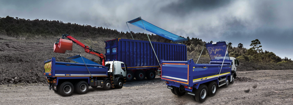 Front-to-rear covering sheeting on Tipper, Grab Loader & Trailer.