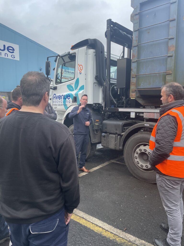 Kevin Armstrong of Transcover holding a sheeting system training exercise at Avenue Recycling, Northern Ireland

